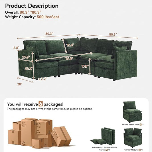 80" Green Modular Storage Sofa, V Shaped Chenille Cloud Couch with Armrest | Oversized Convertible Sectional Sofa, 5-Seat Sectional Couch With Armrests, Large Cloud Couch For Living Room, Apartment.
