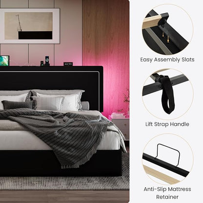 SHA CERLIN King Size Hydraulic Lift-Up Storage Platform Bed Frame with Charging Station, RGB LED Lights, Adjustable Velvet Headboard, USB-A and USB-C Ports, No Box Spring Needed, Black