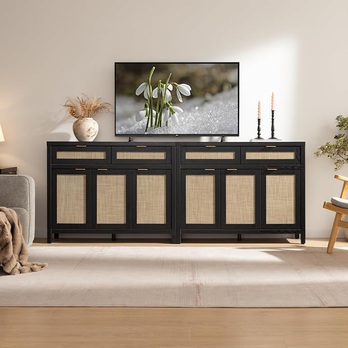 SICOTAS Rattan Sideboard Buffet Cabinet with Storage, Boho Credenza Accent Cabinet with 3 Doors and 2 Drawers, Farmhouse Console Coffee Bar Cabinets for Living Room Kitchen Entryway, Black Oak, 2 PCS