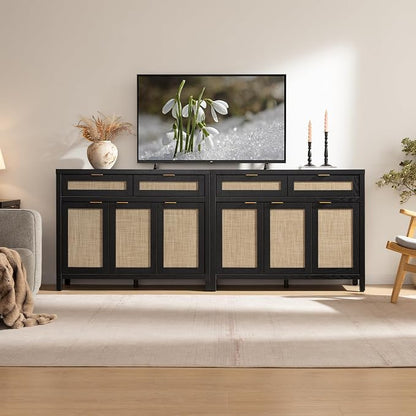 SICOTAS Rattan Sideboard Buffet Cabinet with Storage, Boho Credenza Accent Cabinet with 3 Doors and 2 Drawers, Farmhouse Console Coffee Bar Cabinets for Living Room Kitchen Entryway, Black Oak, 2 PCS