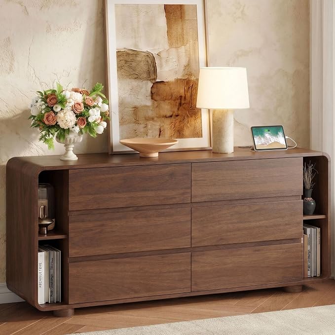 Whalefall 63 Inch 6 Drawer Dresser with Shelves, Rounded Corner, Walnut | Large Chest of Drawers for Bedroom, Mid Century Modern, Wood Closet Storage Organizer, Wide TV Stand for Living Room