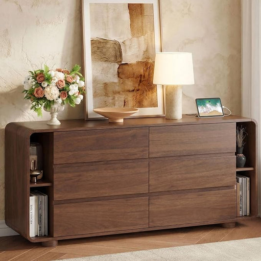 Whalefall 63 Inch 6 Drawer Dresser with Shelves, Rounded Corner, Walnut | Large Chest of Drawers for Bedroom, Mid Century Modern, Wood Closet Storage Organizer, Wide TV Stand for Living Room