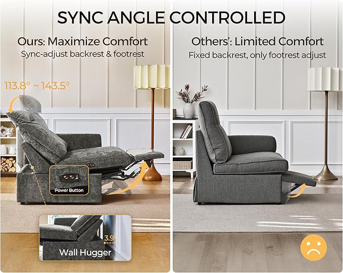 124.8'' Oversized Power Recliner Sofa with Headrest, Extra Wide Modular Cloud Sectional Reclining Couch, Convertible 4-Seater with Storage Ottoman for Home Theater Living Room, Chenille, Grey
