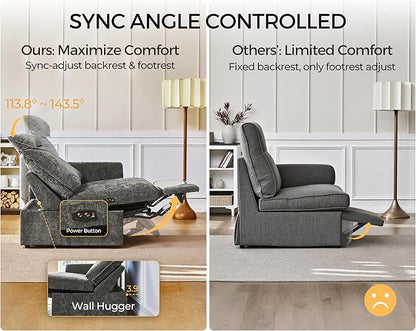 Oversized Modular Power Recliner Sofa Wall Hugger, Cloud Reclining Couch with Headrest, Storage Ottoman, Drawer Charging Cup Holder, Deep L-Shaped 6 Seater with Dual Electric Recliner, Chenille, Grey
