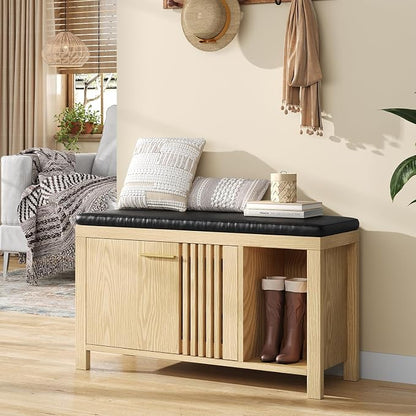 UNIQUITE 40" Shoe Storage Bench with Flip Drawers & Padded Seat Cushion, Open Compartments & Slatted Doors, Entryway Bench with Shoe Storage for Entryway, Hallway, Living Room, Bedroom, Natural