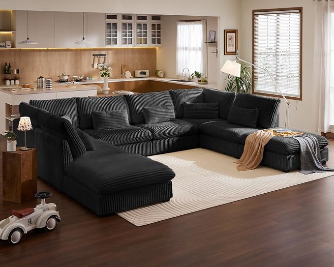 154" Oversized Corduroy Couch Modular Sectional Sofa, Washable Cloud Couch Sectional with 4 Ottoman, 8 Seater Sectional Couches for Living Room, Fully Cover Removable, Sleeper Sofa, Corduroy, Black
