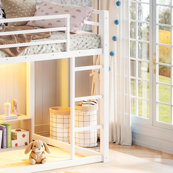Bellemave Twin Over Twin Bunk Bed with Storage Shelves & 4 Drawers,Heavy Duty Metal Bunk Bed for Teens with LED Lights, Low Bunk Beds for Kids with Guardrails & Ladder, No Box Spring Needed, White