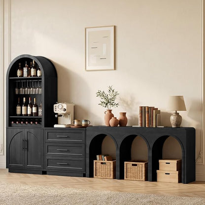Fatmok 3-Piece Furniture Set with Arched Wine Cabinet, 3-Drawer Nightstand and Triple Arch Console Table, Wood Grain Display Bar Station with LED Lighting, USB Port and Open Shelving, Black Grey