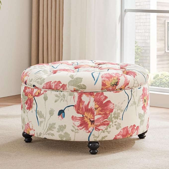 HUIMO 30-Inch Round Storage Ottoman, Modern Button Tufted Ottoman Coffee Table with Removable Top for Living Room, Bedroom and Office(Red Flower)