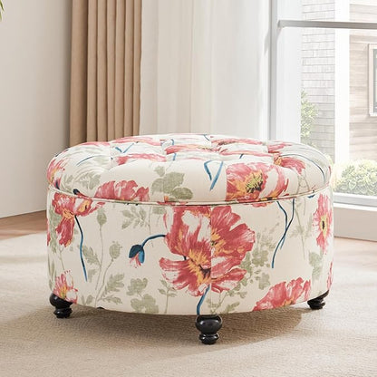 HUIMO 30-Inch Round Storage Ottoman, Modern Button Tufted Ottoman Coffee Table with Removable Top for Living Room, Bedroom and Office(Red Flower)