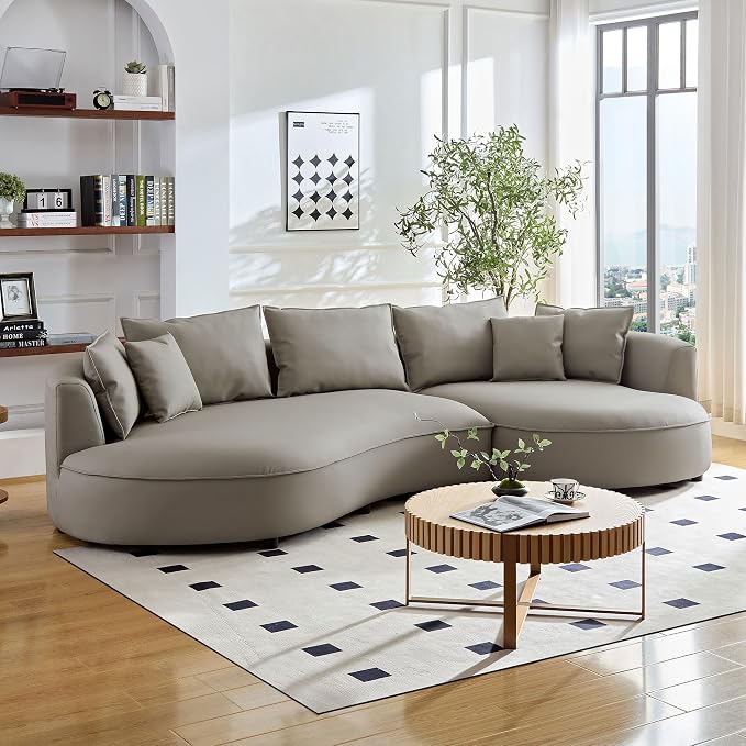 KEIKI 129" Curved Oversized Modular Bonded Leather Sectional Sofa with Right Chaise, 4 Pillows, 3 Back Cushion, Modern Style Comfy 5-Seater Couch, Easy Assembly, for Apartment, Living Room, Light Grey
