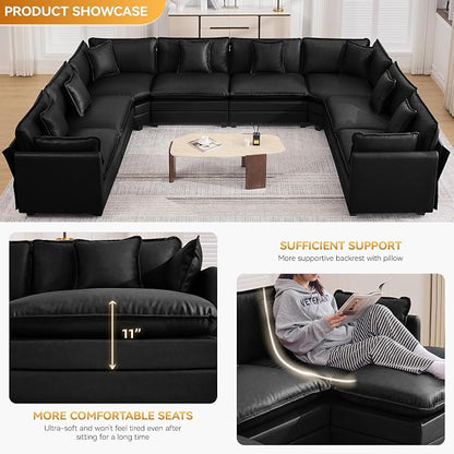 147'' Oversized U Shaped Cloud Sectional Sofa, Leather Deep Seat Couches for Living Room, Comfy Upholstered Modular Sectional Sofa Couch, Leather Black