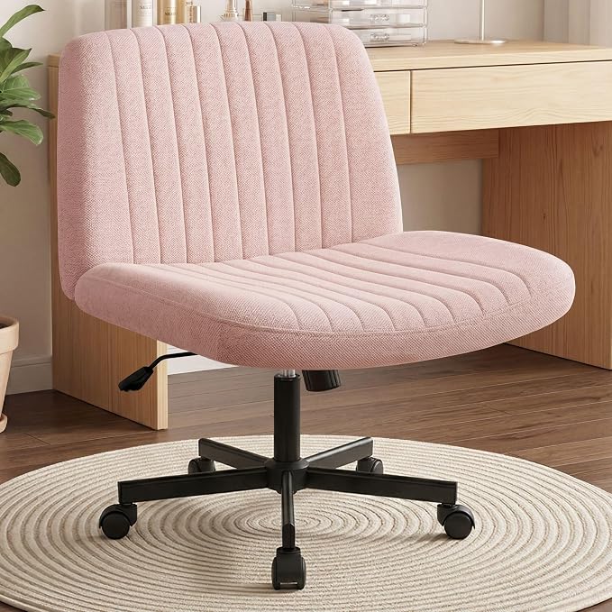 Orange Factory Criss Cross Chair Wheels Wide Cross Legged Office Desk Vanity Chair Comfy Fabric Armless Adjustable Swivel for Home Computer Task (Pink Wheel, Fabric)