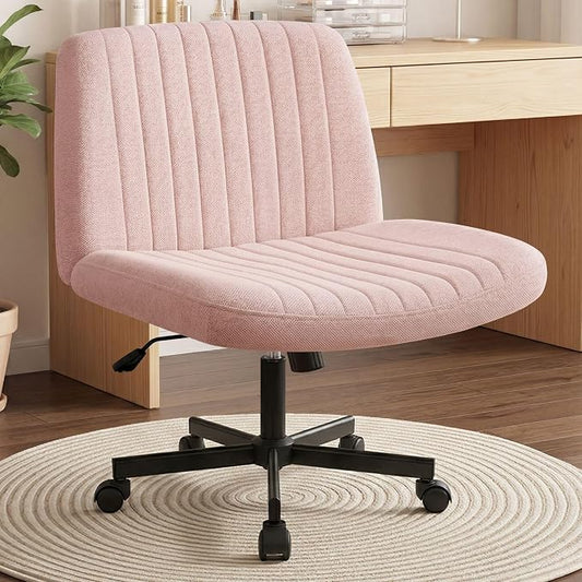 Orange Factory Criss Cross Chair Wheels Wide Cross Legged Office Desk Vanity Chair Comfy Fabric Armless Adjustable Swivel for Home Computer Task (Pink Wheel, Fabric)