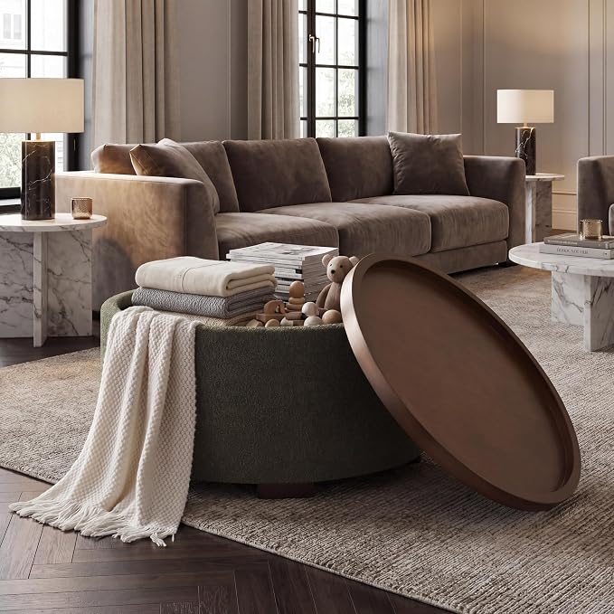 Zihanhome 30 Inch Round Storage Ottoman Coffee Table, Modern Boucle Ottoman with Lift-Off Lid and Solid Wood Legs for Living Room, Bedroom, Corners, Apartments (Green)