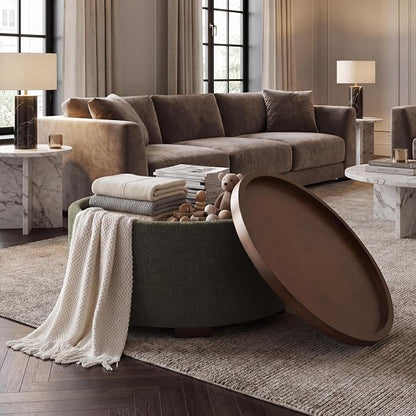 Zihanhome 30 Inch Round Storage Ottoman Coffee Table, Modern Boucle Ottoman with Lift-Off Lid and Solid Wood Legs for Living Room, Bedroom, Corners, Apartments (Green)