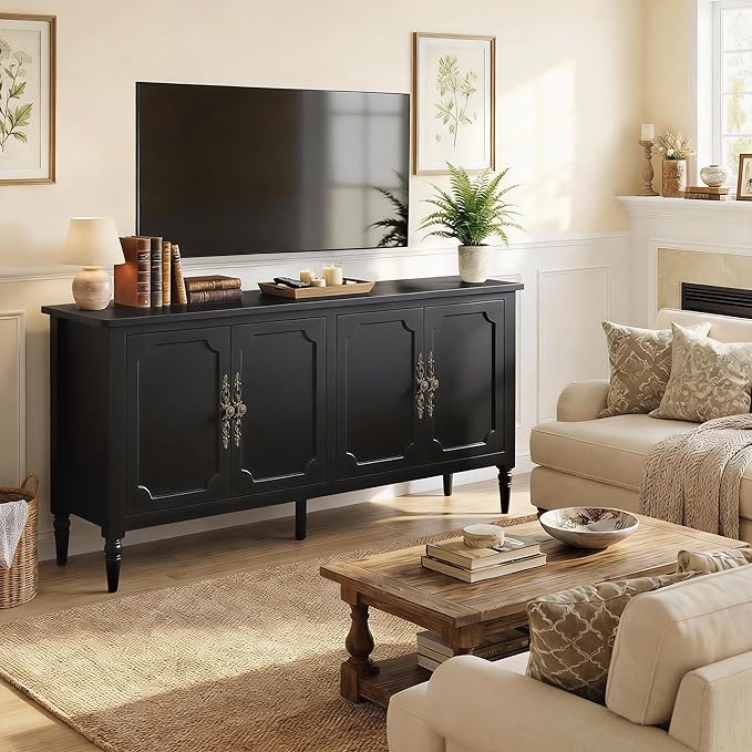 RoyalCraft 118" Buffet Cabinet with Storage, Vintage Sideboard with Adjustable Shelves, Mid Century Modern Painted Credenza Coffee Bar for Kitchen, Dining Room, Entryway, Living Room, Satin Black