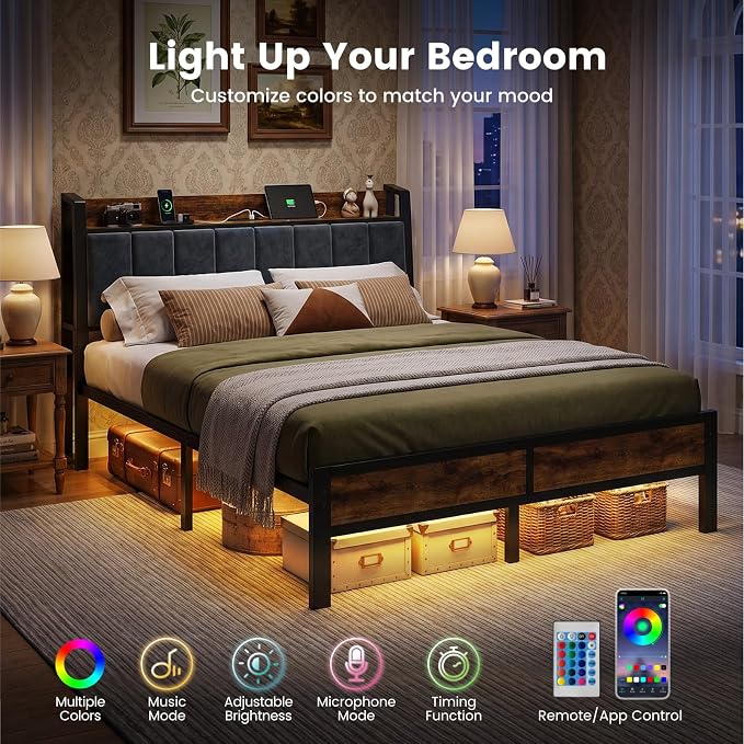 Liians Queen Size LED Bed Frame with Charging Headboard, Heavy Duty Metal Platform Bed with Storage Headboard, Noise Free, No Box Spring Needed