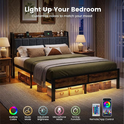 Liians Queen Size LED Bed Frame with Charging Headboard, Heavy Duty Metal Platform Bed with Storage Headboard, Noise Free, No Box Spring Needed