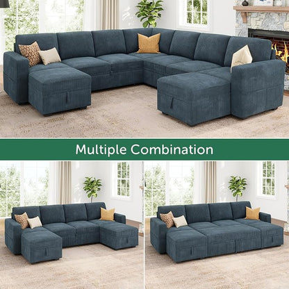 HONBAY Modular Sectional Sleeper Sofa with Pull Out Couch, Corduroy Oversized Sectional Couches Pull Out Bed with U Shaped Sleeper Storage for Living Room - Blue