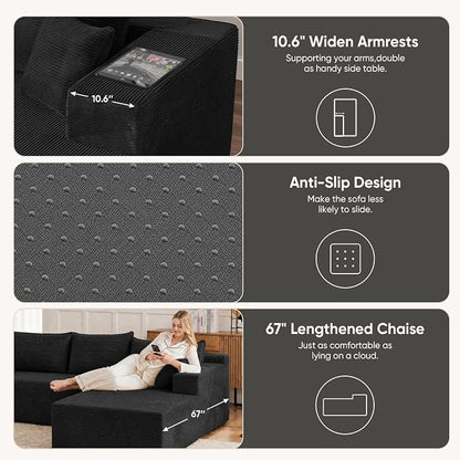 Boneless Couch, 102.4" Sectional Couches for Living Room with L Shape Sofa | Cloud Couch Sectional with Chaise, Modular Cloud Sofa with Deep Seat, No Assembly, Black, Corduroy, Right Chaise