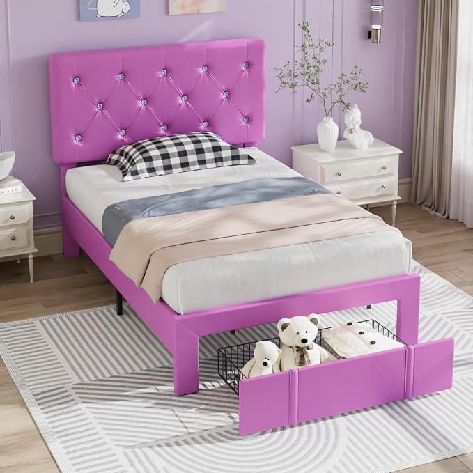 VECELO Twin Size Bed Frame with Storage Drawers, Leather Upholstered with Diamond Tufted Headboard, Solid Wood Slat Support, No Box Spring Needed, PU & Purple