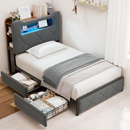 Jocoevol Twin Upholstered LED Bed Frame with 2 Storage Drawers and 2-Tier Storage Bookcase Headboard, Velvet Platform Bed for Kids/Girls/Boys, Heavy Duty Metal Support, No Box Spring Needed, Grey