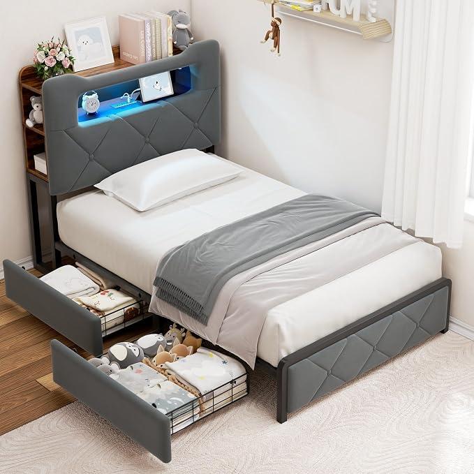 Jocoevol Twin Upholstered LED Bed Frame with 2 Storage Drawers and 2-Tier Storage Bookcase Headboard, Velvet Platform Bed for Kids/Girls/Boys, Corner Bed Frame, Heavy Duty Metal Support, Grey