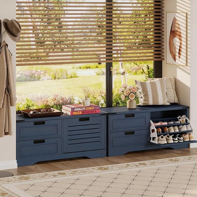 FATORRI 41 Inch Storage Bench, Industrial Shoe Bench for Entryway, End of Bed Bench and Window Bench for Living Room, Bedroom and Mudroom (Blue)