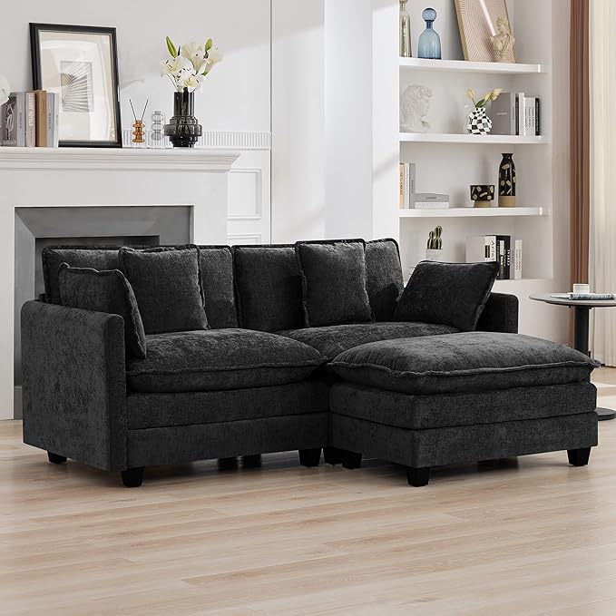 76'' Cloud Deep Seat Loveseat Sofa, Upholstered Chenille Modular 2-Seats Sectional Sofa Couch with Movable Ottoman, Modern Comfy Settee Loveseat for Living Room Set, Small Apartment, Dark Grey