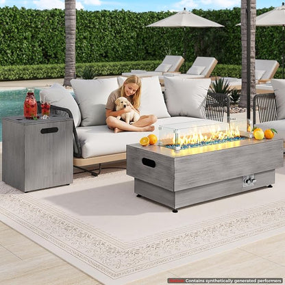 IRONCK 43-inch Outdoor Propane Fire Pit Table w Tank Table, CSA Certified, 2 in 1 Rectangular Patio Fire Pit w Glass Rocks, Wind Guard and Cover, 50000 BTU Outside Heater for Pool, Vintage Gray
