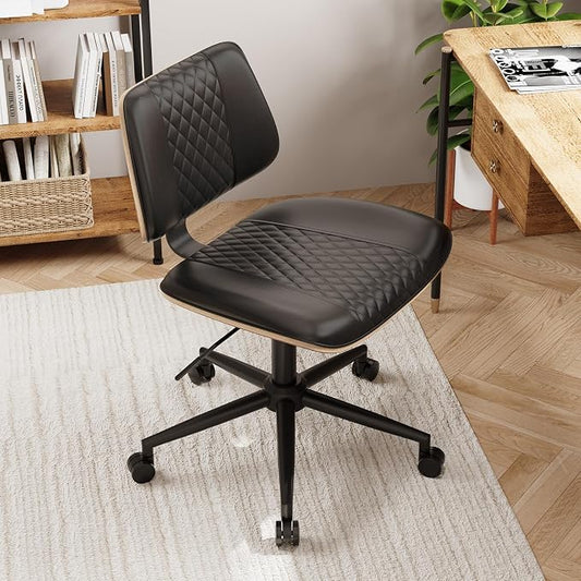 Modern Armless Office Chair with Wheels, Adjustable Swivel Desk Chair with Wide Seat and Tilt Function, Faux Leather Mid Century Task Chair for Home Office, Bedroom, Vanity, Black