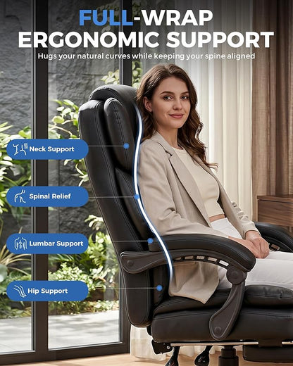 GTPLAYER Executive Office Chair Big and Tall Leather Gaming Chair with Pocket Spring Cushion & Ergonomic Lumbar Support for Lower Back Pain Relief, Comfy Desk Chair with Footrest, Matte-Black
