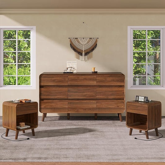Nasonet Dresser and Nightstand Sets 3 Piece, Mid Century Modern 9 Drawer Dresser and Small Night Stand Set 2, Wooden Chest of Drawers Bedroom Furniture Set, Walnut
