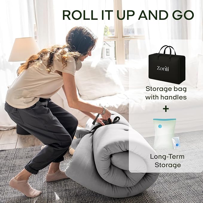 ZonLi Japanese Floor Futon Mattress Queen Size 80"x 60", 100% Cotton Cover 2.5'' Thicken Tatami Mattress, Foldable Sleeping Pad, Portable Dormitory Tatami Mat, Roll Up Floor Lounger Bed for Adult