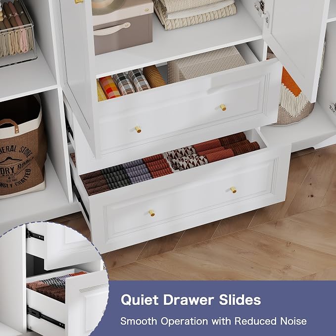 Armoire Wardrobe Closet with Drawers: 74" White Wardrobe with 2 Drawers, 4 Doors Bedroom Armoires with Hanging Rod, Tall Closet Cabinet for Hanging Clothes (59")