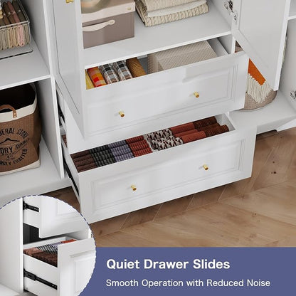 Armoire Wardrobe Closet with Drawers: 74" White Wardrobe with 2 Drawers, 4 Doors Bedroom Armoires with Hanging Rod, Tall Closet Cabinet for Hanging Clothes (59")