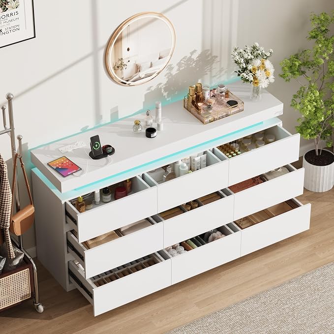 Vipbear 9 Drawer Dresser for Bedroom 63" White Dresser with LED RGB Lights | Double Modern Wood Chest of Drawers for Closet w/ Charging Station Organizer Closet Storage Cabinet TV Stand for Living Room
