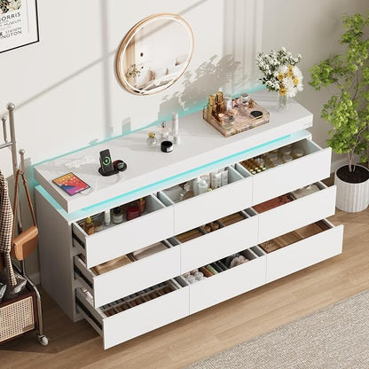 Vipbear 9 Drawer Dresser for Bedroom 63" White Dresser with LED RGB Lights | Double Modern Wood Chest of Drawers for Closet w/ Charging Station Organizer Closet Storage Cabinet TV Stand for Living Room
