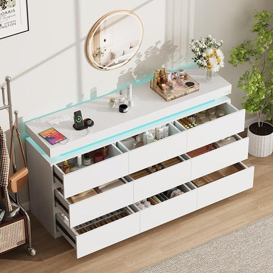 Vipbear 9 Drawer Dresser for Bedroom 63" White Dresser with LED RGB Lights | Double Modern Wood Chest of Drawers for Closet w/ Charging Station Organizer Closet Storage Cabinet TV Stand for Living Room