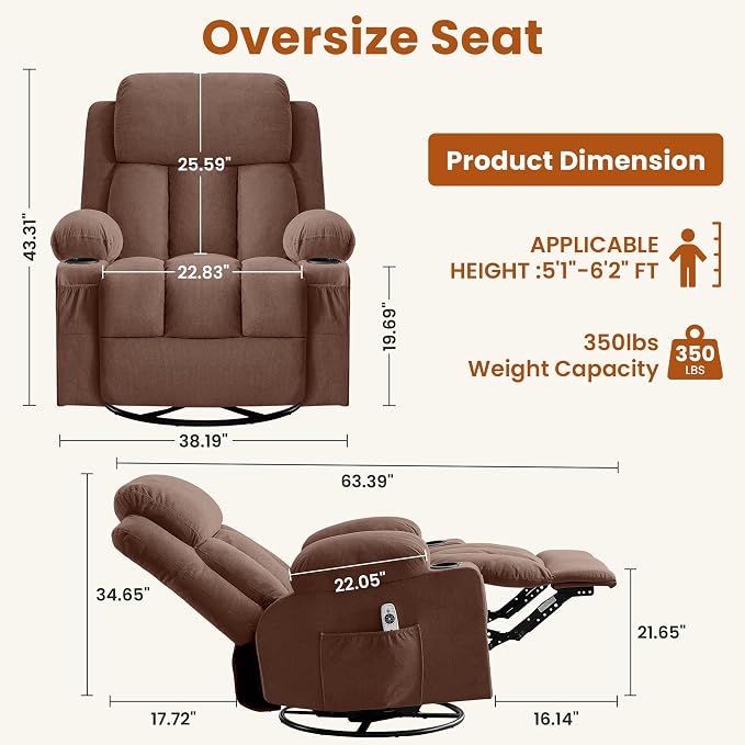 MAHOMICO Swivel Rocker Recliner Chair with Vibration Massage and Heat for Living Room,with Rocking Function and Side Pocket, USB Charge Port,2 Cup Holders