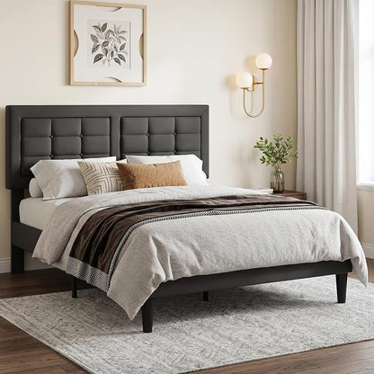 VECELO Queen Size Bed Frame, Adjustable Upholstered Button Tufted Headboard, Heavy-Duty Bedframe with Wood Slats Support, No Box Spring Needed, Linen & Dark Grey