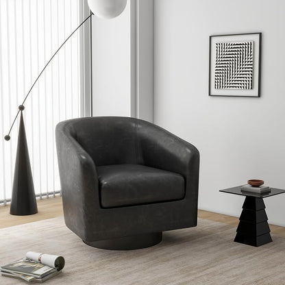 Swivel Barrel Accent Chair, Modern Round Faux Leather Arm Chair for Living Room, Bedroom, Comfy Club Reading Chairs for Adults(Faux Leather, Black Grey, Set of 2)