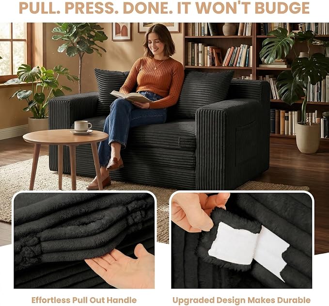 Boneless Loveseat Sofa Bed, Tri-Folding Convertible Futon Sleeper with Handle & Side Pockets, 54'' Boneless Couch with Hook and Loop No Assembly for Small Space,Living Room & Bedroom