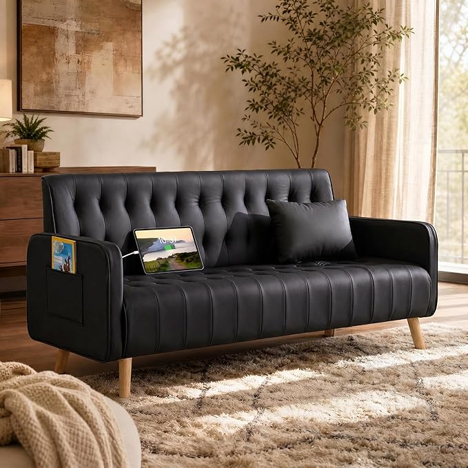 57” W Loveseat Sofa, Small Black Faux Leather Couch w/USB Charging Ports & Pockets, Mid Century Modern Tufted Love Seat Couches, Mini Office Sofa Couch for Small Spaces, Bedroom, Apartment