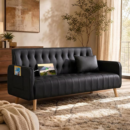 57” W Loveseat Sofa, Small Black Faux Leather Couch w/USB Charging Ports & Pockets, Mid Century Modern Tufted Love Seat Couches, Mini Office Sofa Couch for Small Spaces, Bedroom, Apartment