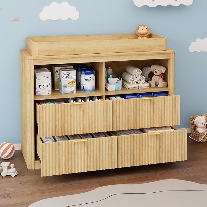 St.Mandyu Changing Dresser, 4 Large Drawers Wood Baby Nursery Dresser with Raised and Detachable Changing Table Top, Fluted Chest with Gold Handles, Large Storage Organizer for Nursery Room,Natural