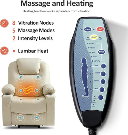 MCombo Power Lift Recliner Chair for Elderly, Lift Chair with Heat and Massage, FSC Certified, USB Ports, Cup Holders, Faux Leather 7040 (Cream White, Medium)
