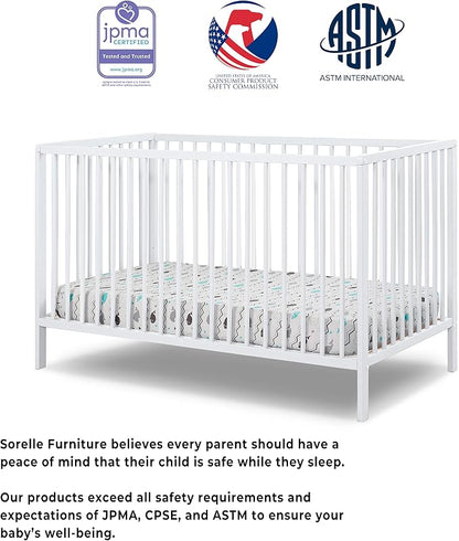 Sorelle Furniture Happy 3-in-1 Convertible Crib, Baby Crib to Toddler Bed, Sustainable Beech Wood, Non-Toxic Finish, Simplistic Nursery Furniture - White