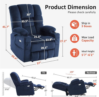 MCombo Triple Motor Lay Flat Power Lift Recliner Chair for Tall Elderly, Infinite Position, Massage, Dual Heating, Adjustable Headrest, Fabric 7634 (Navy Blue, Large)
